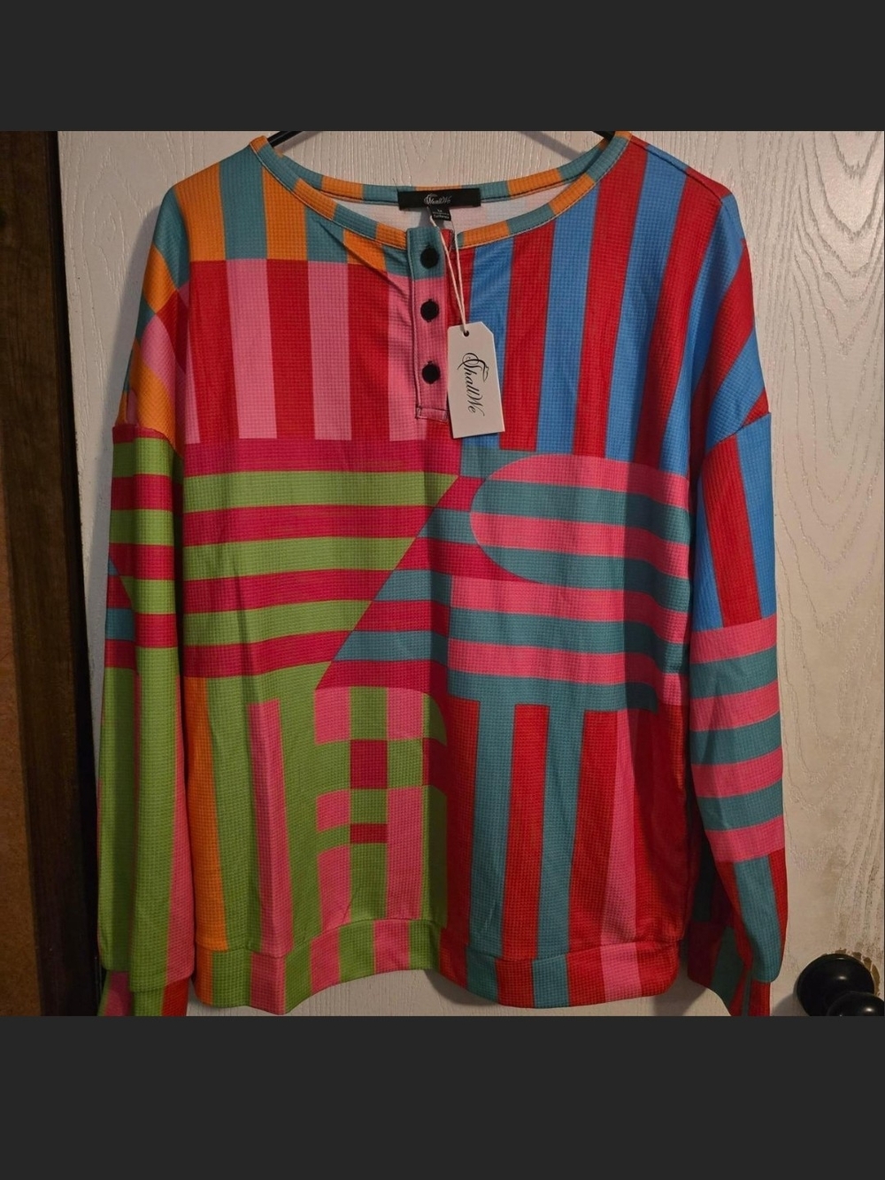 Multicolor Striped Button-Neck Crew Knit Top